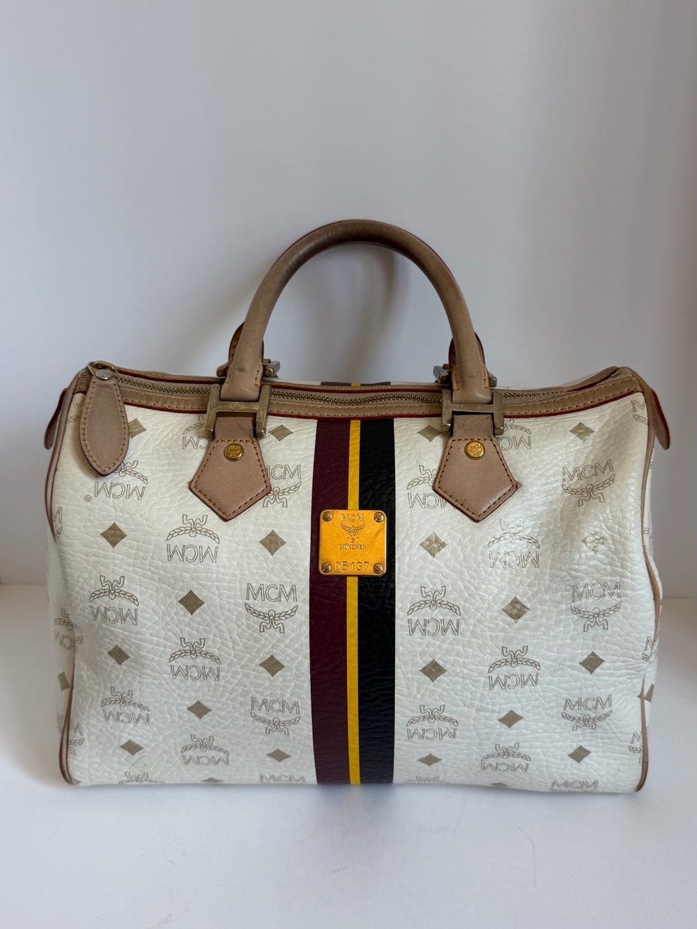 MCM Cream Visetos Boston Bag with Burgundy, Black & Yellow Stripe